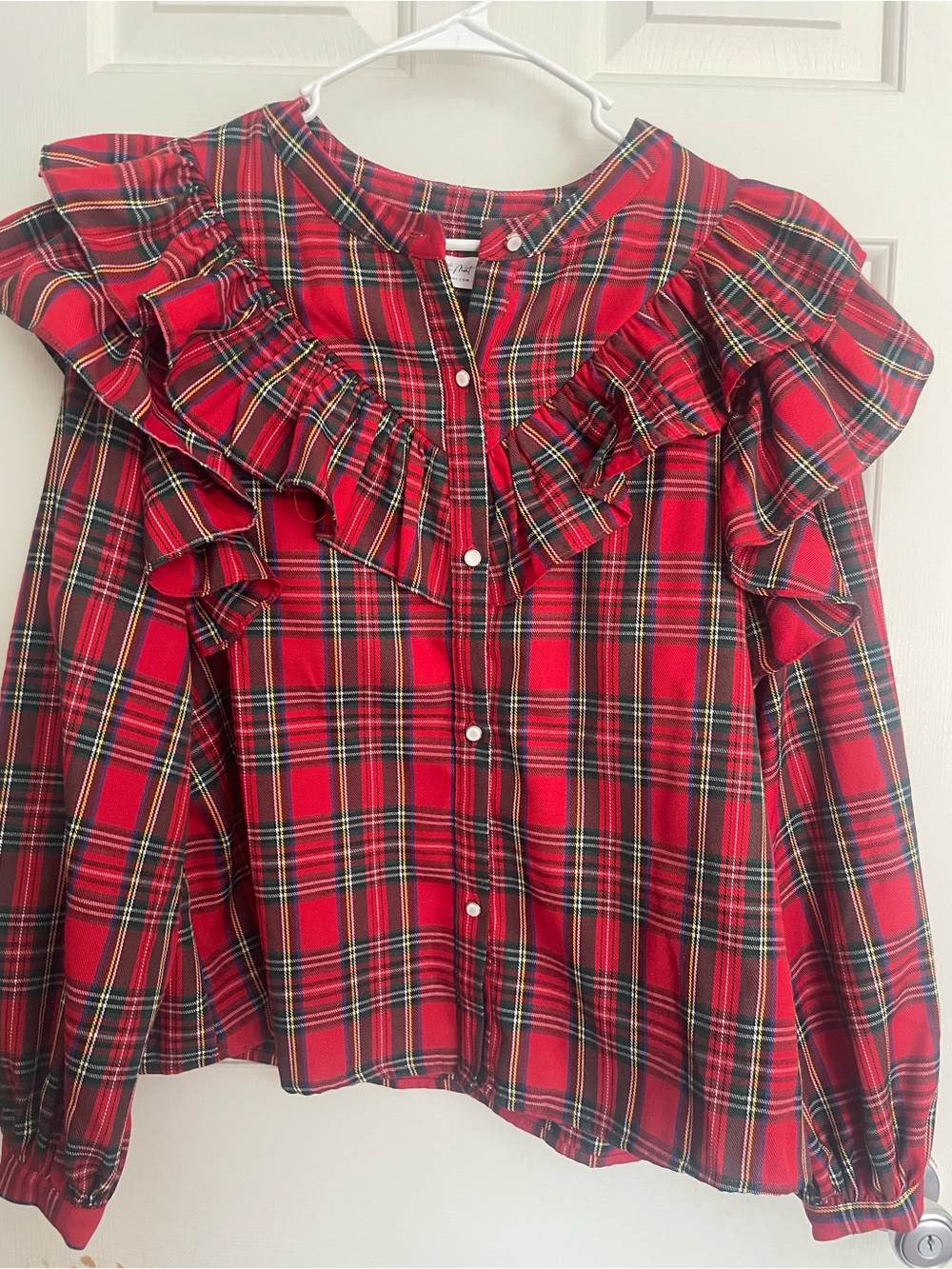 Woman’s Christmas Plaid Ruffle Button-Front Top